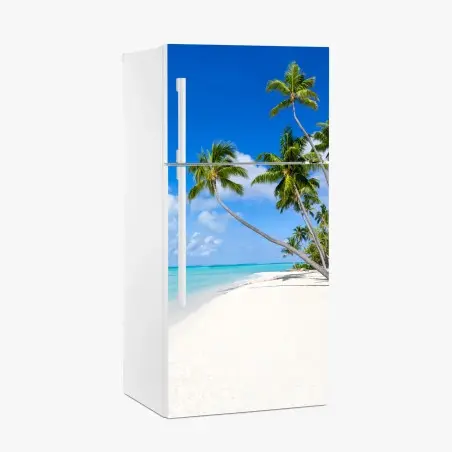 Adesivo per frigorifero oasi tropicale con palme e sabbia bianca • Wallissimo®