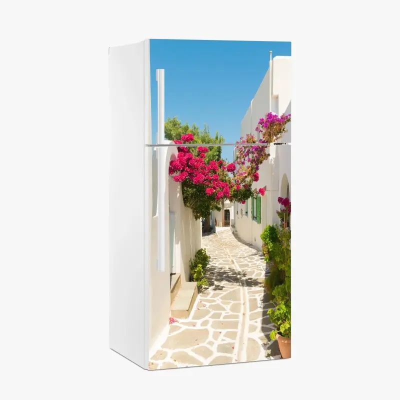 Adesivo per frigorifero angolo mediterraneo con bouganvillea in fiore