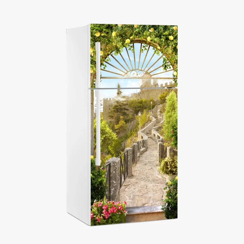 Adesivo per frigorifero sentiero fiorito verso il castello