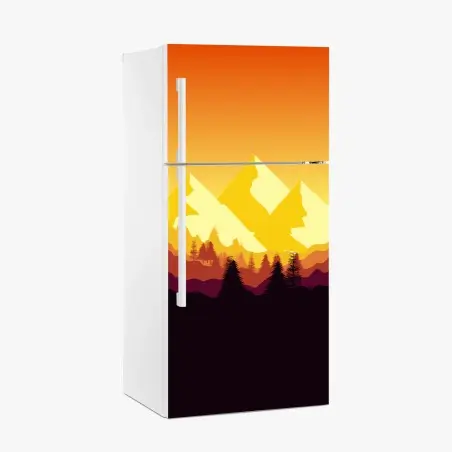 Adesivo per frigorifero tramonto dorato sulle montagne • Wallissimo®