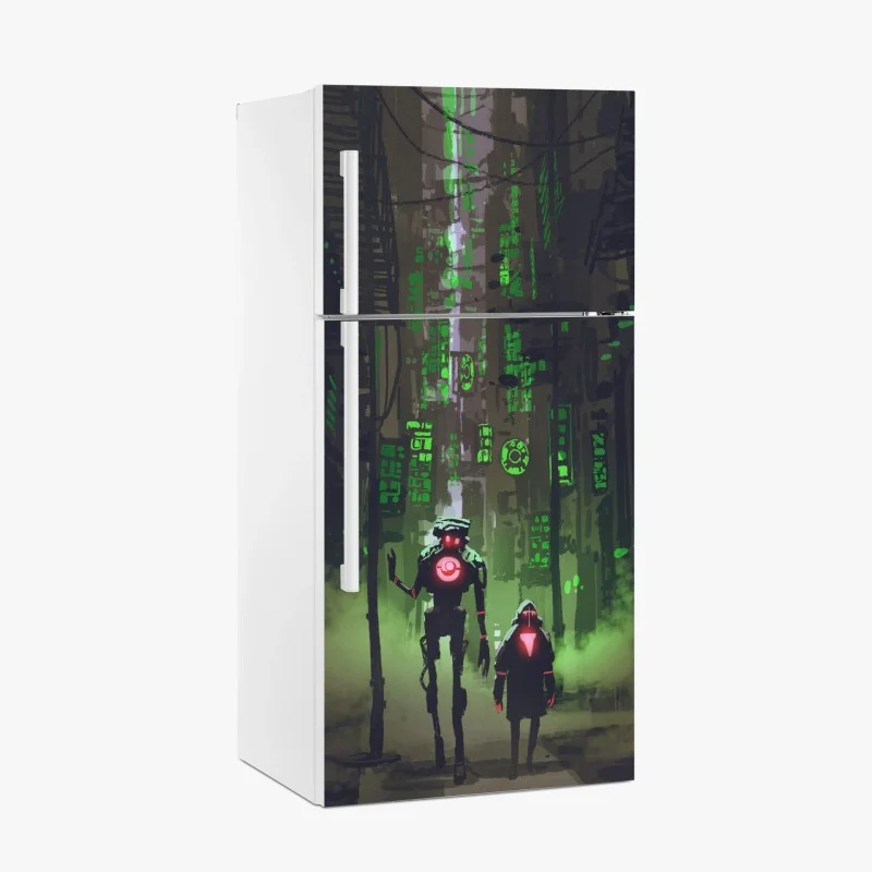 Adesivo per frigorifero vagabondi al neon nel vicolo cyberpunk
