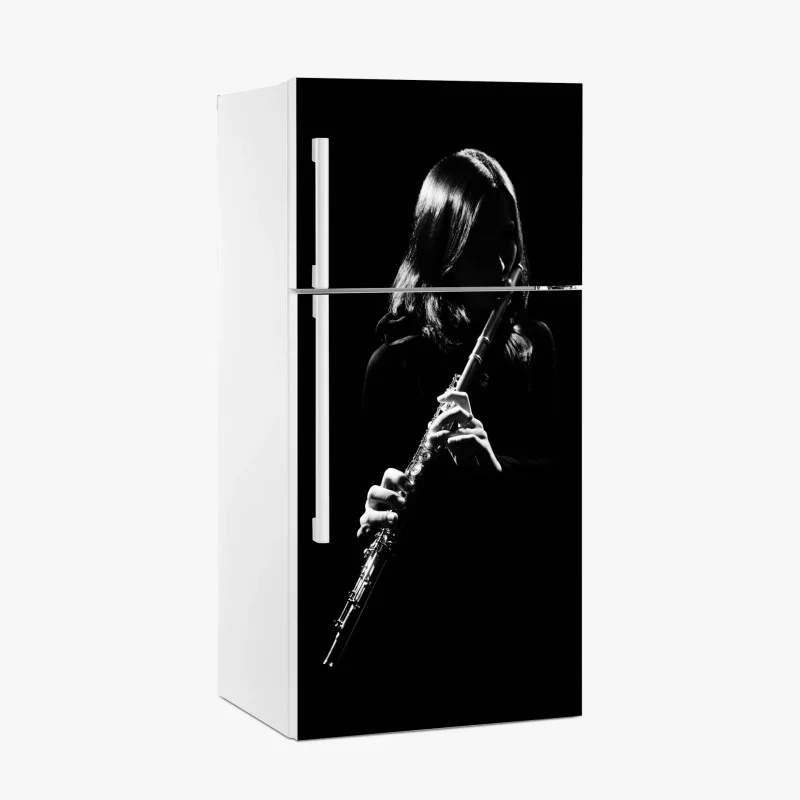 Adesivo per frigorifero flautista in controluce - eleganza in bianco e nero