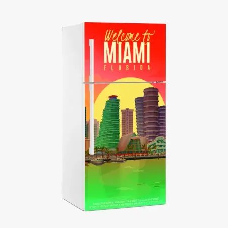 Adesivo per frigorifero benvenuto a Miami: skyline al tramonto • Wallissimo®