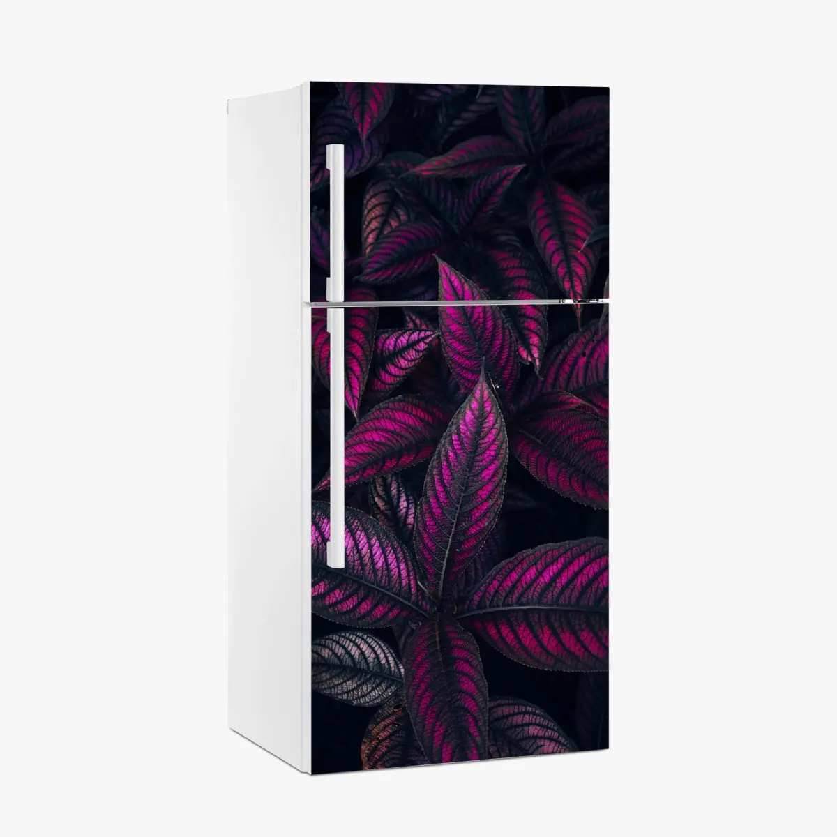 Adesivo per frigorifero motivo botanico con foglie magenta • Wallissimo®