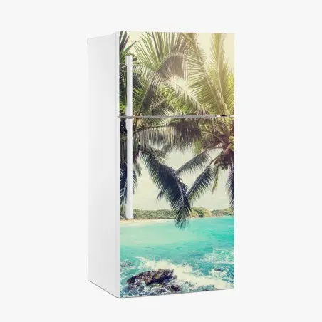 Adesivo per frigorifero sogno tropicale palme e mare turchese • Wallissimo®