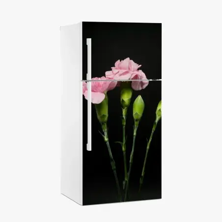 Adesivo per frigorifero garofani rosa su sfondo nero • Wallissimo®