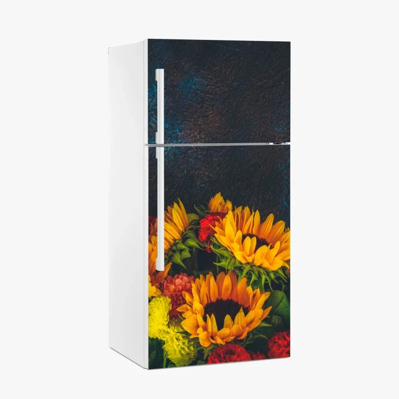 Adesivo per frigorifero girasoli vivaci su sfondo scuro