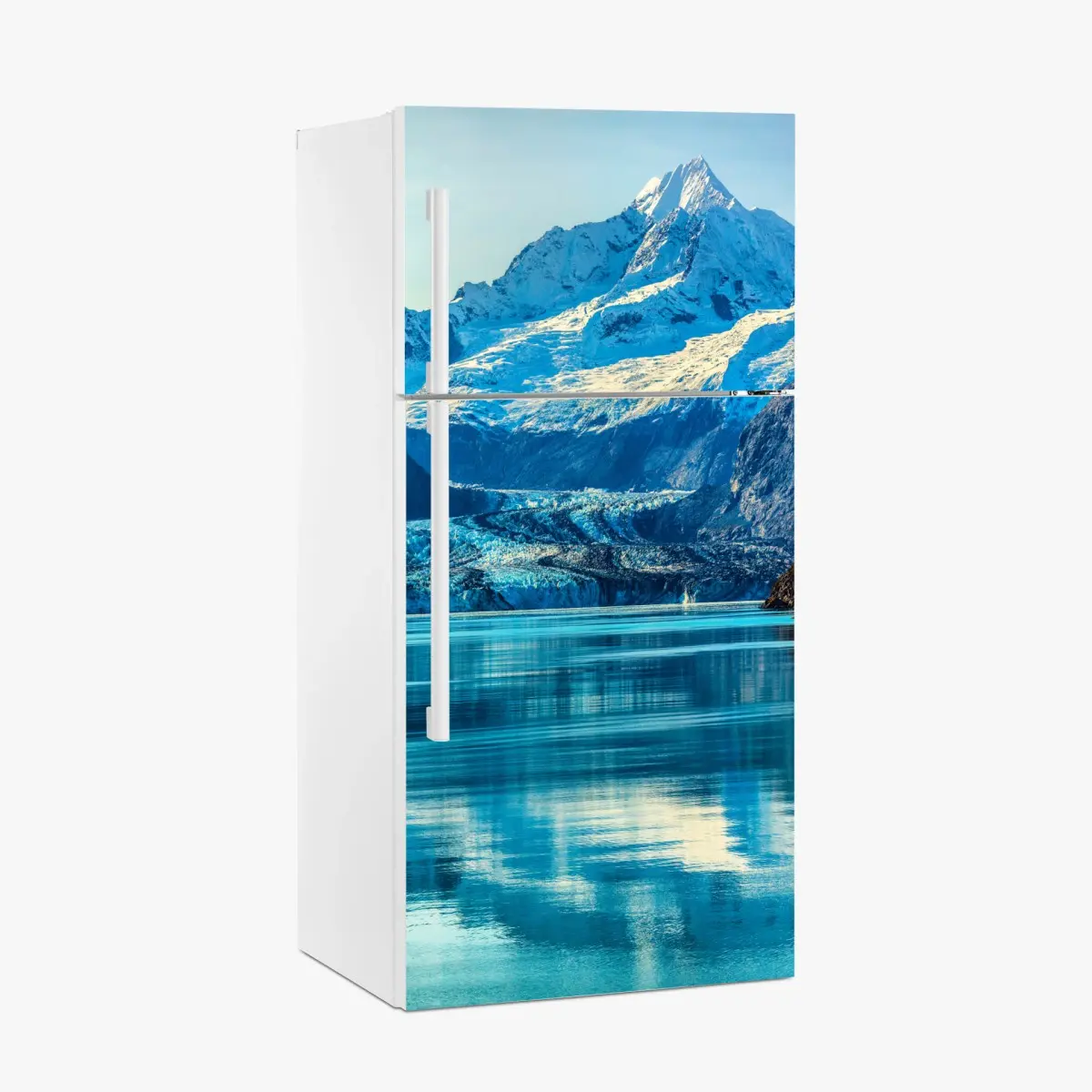 Adesivo per frigorifero riflessi glaciali: panorama montano sul lago • Wallissimo®