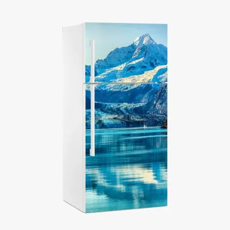 Adesivo per frigorifero riflessi glaciali: panorama montano sul lago • Wallissimo®