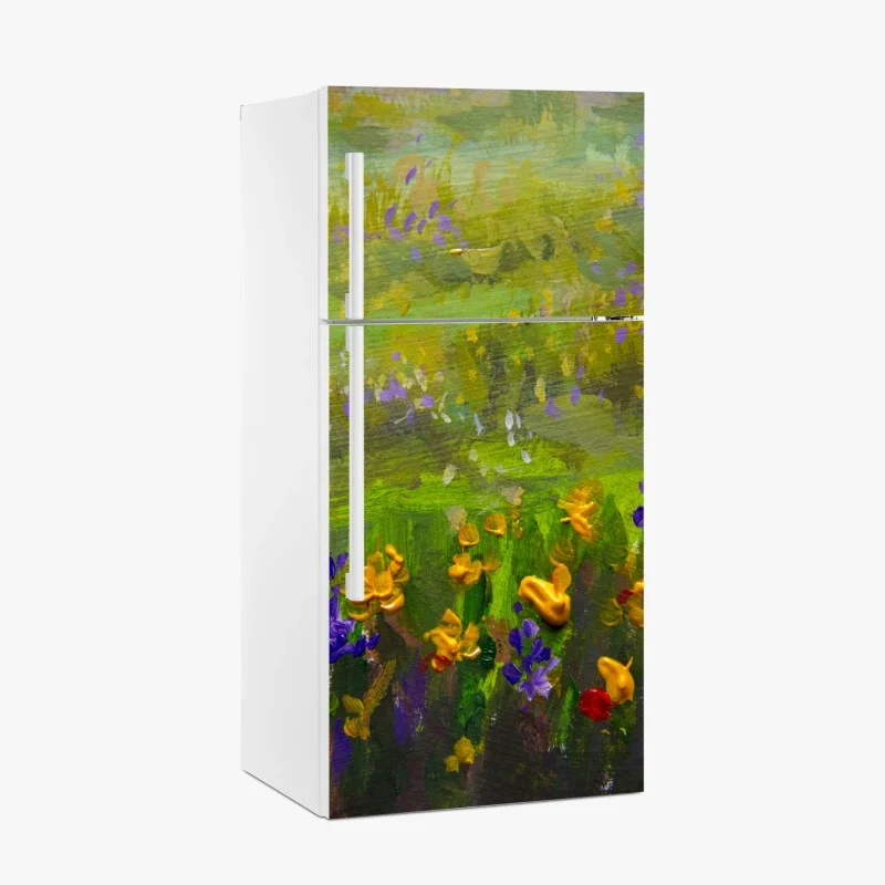 Adesivo per frigorifero campo impressionista di fiori viola e dorati