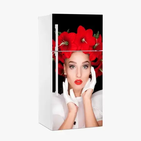 Adesivo per frigorifero ritratto floreale: eleganza in rosso e bianco • Wallissimo®