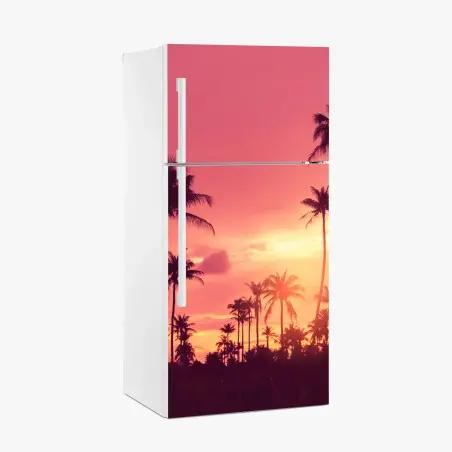 Adesivo per frigorifero tramonto tropicale con palme in silhouette • Wallissimo®