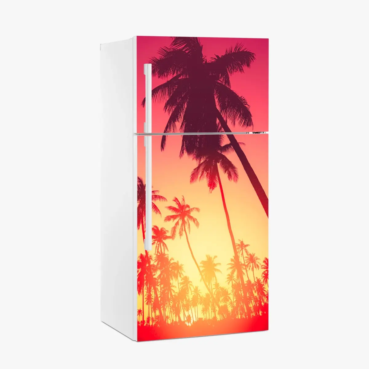 Adesivo per frigorifero tramonto tropicale con palme in silhouette • Wallissimo®