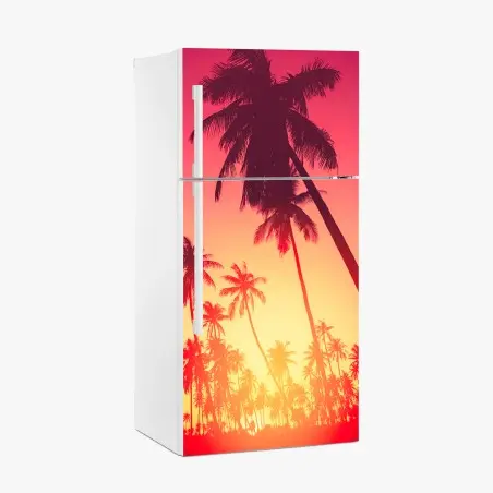 Adesivo per frigorifero tramonto tropicale con palme in silhouette • Wallissimo®