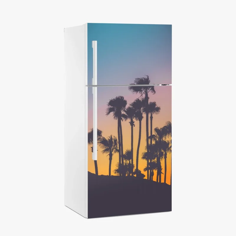 Adesivo per frigorifero tramonto tropicale in silhouette