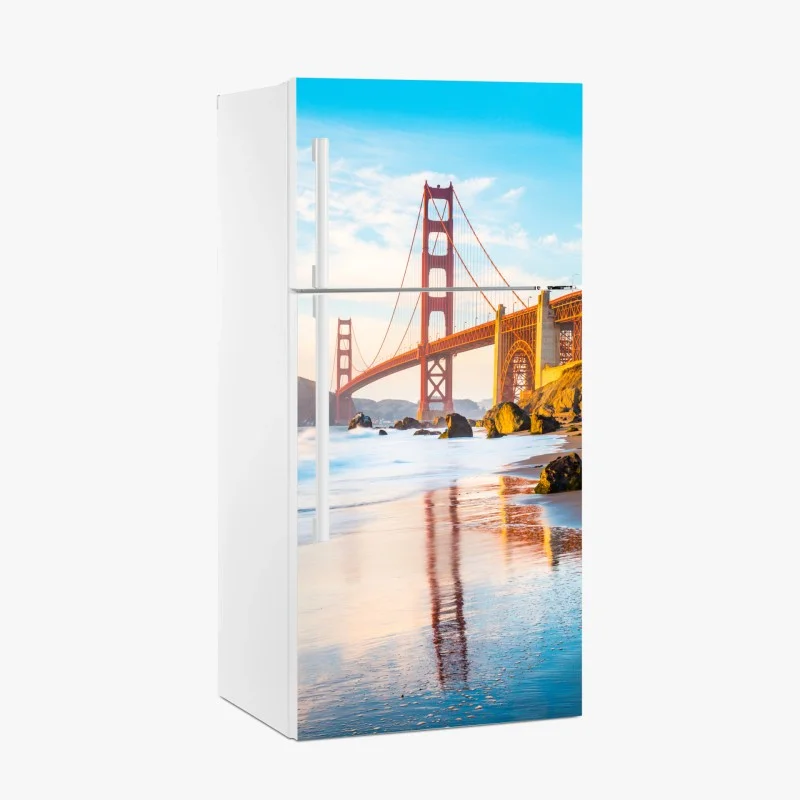 Adesivo per frigorifero tramonto dorato sul Golden Gate Bridge
