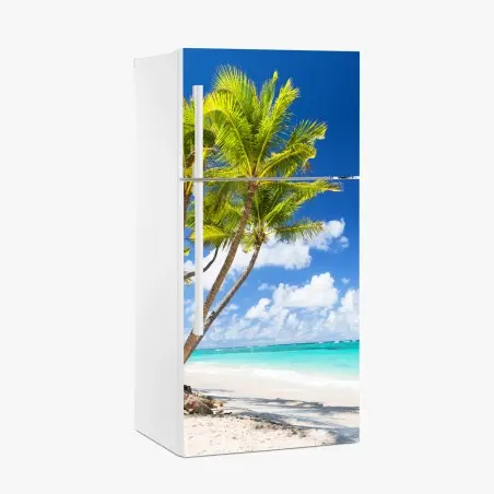 Adesivo per frigorifero paradiso tropicale: palme su spiaggia bianca • Wallissimo®