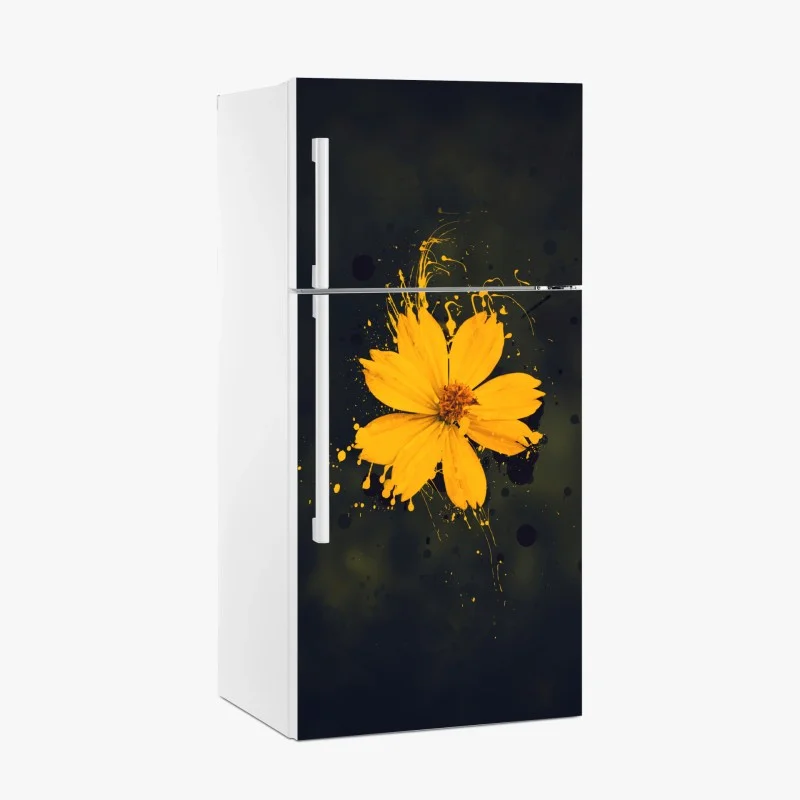 Adesivo per frigorifero fiore giallo su sfondo scuro in stile splash