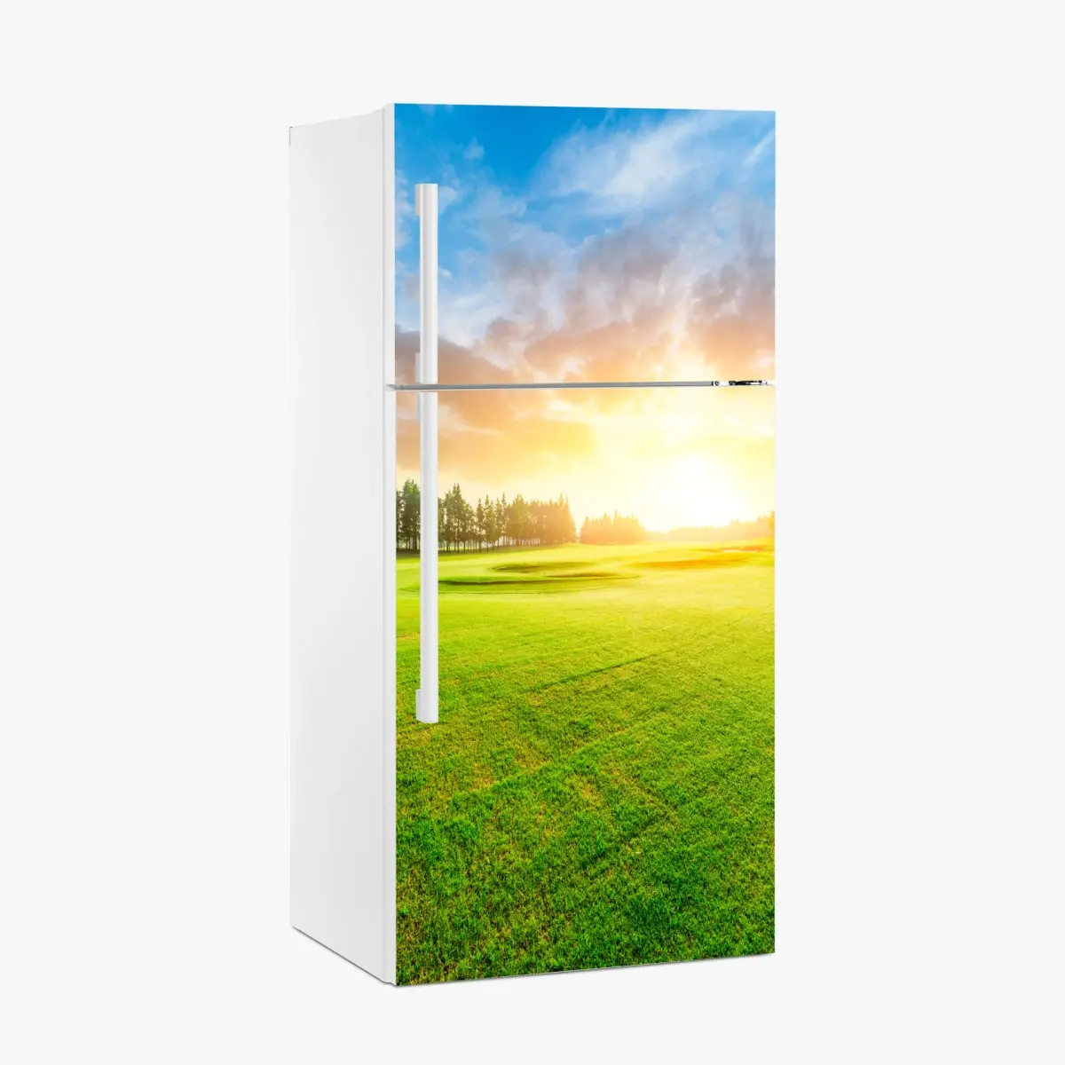 Adesivo per frigorifero tramonto sul campo verde • Wallissimo®