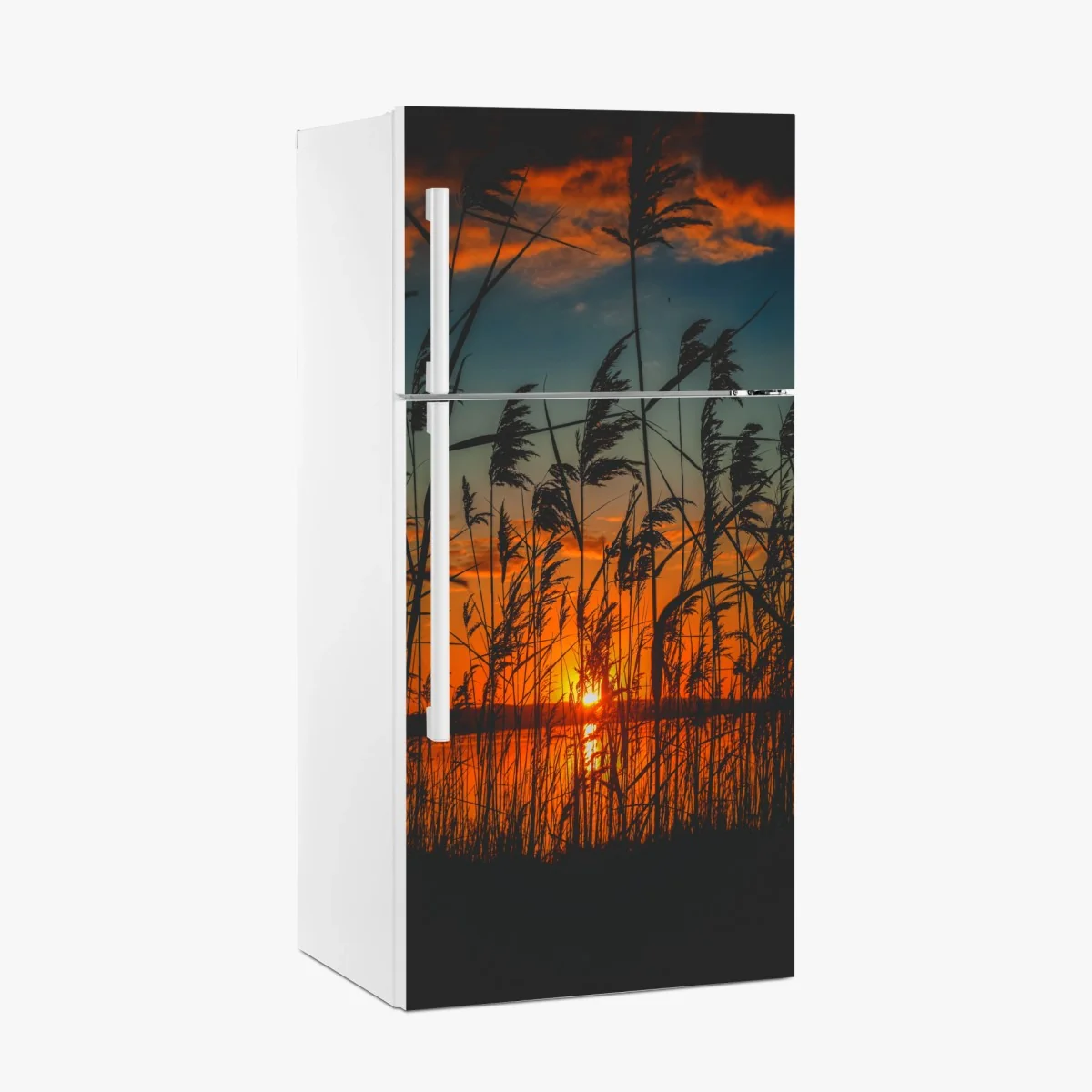 Adesivo per frigorifero tramonto sulle rive: silhouette di canne al vento • Wallissimo® Adesivo per frigorifero tramonto sulle rive: silhouette di canne al vento • Wallissimo®