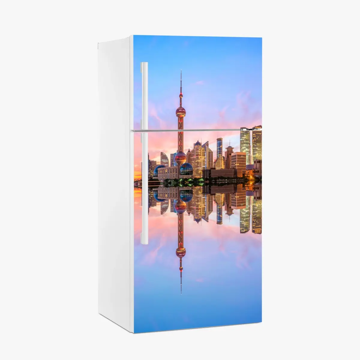 Adesivo per frigorifero orizzonte di Shanghai al tramonto • Wallissimo®