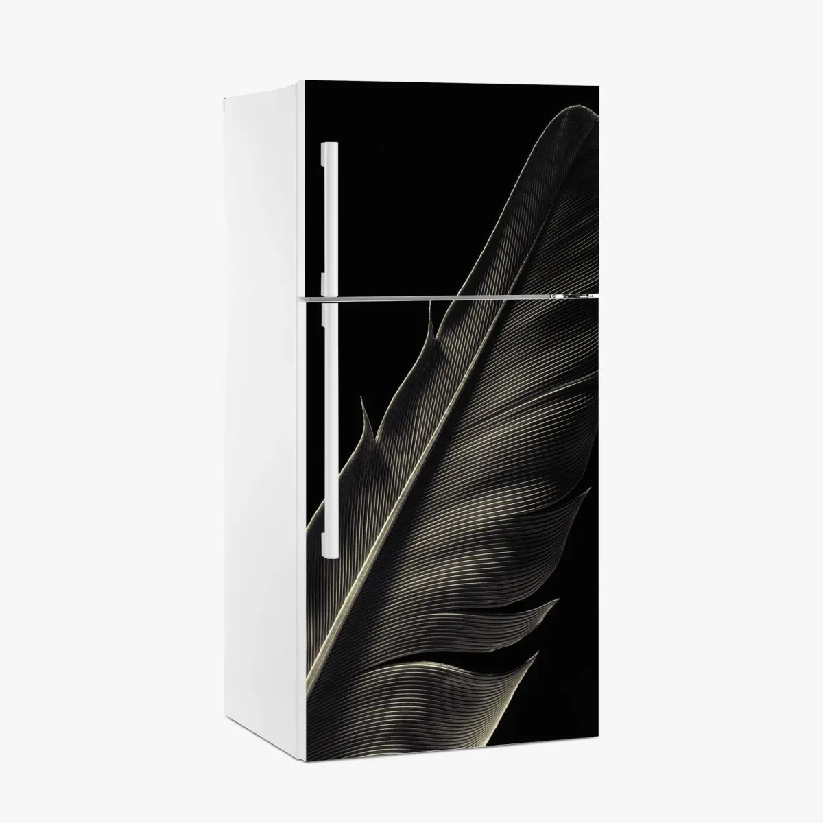 Adesivo per frigorifero piuma in primo piano, eleganza in bianco e nero • Wallissimo®