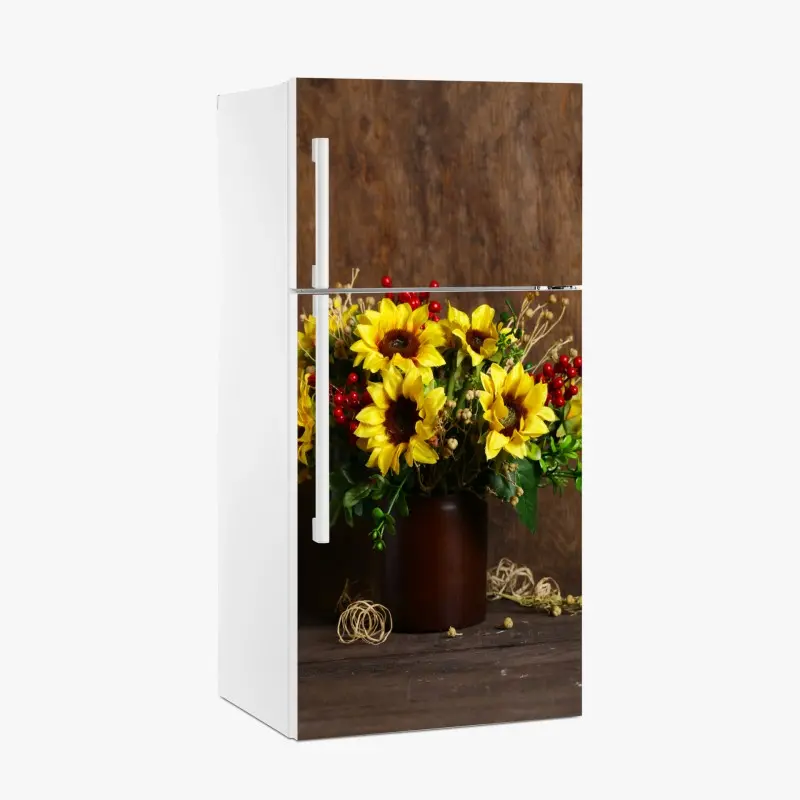 Adesivo per frigorifero bouquet di girasoli autunnale su sfondo rustico