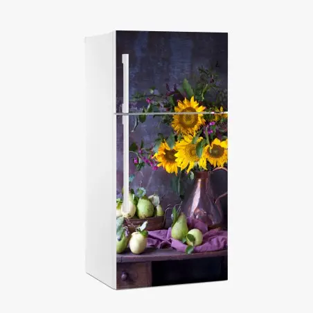 Adesivo per frigorifero girasoli e pere su tavolo rustico • Wallissimo®