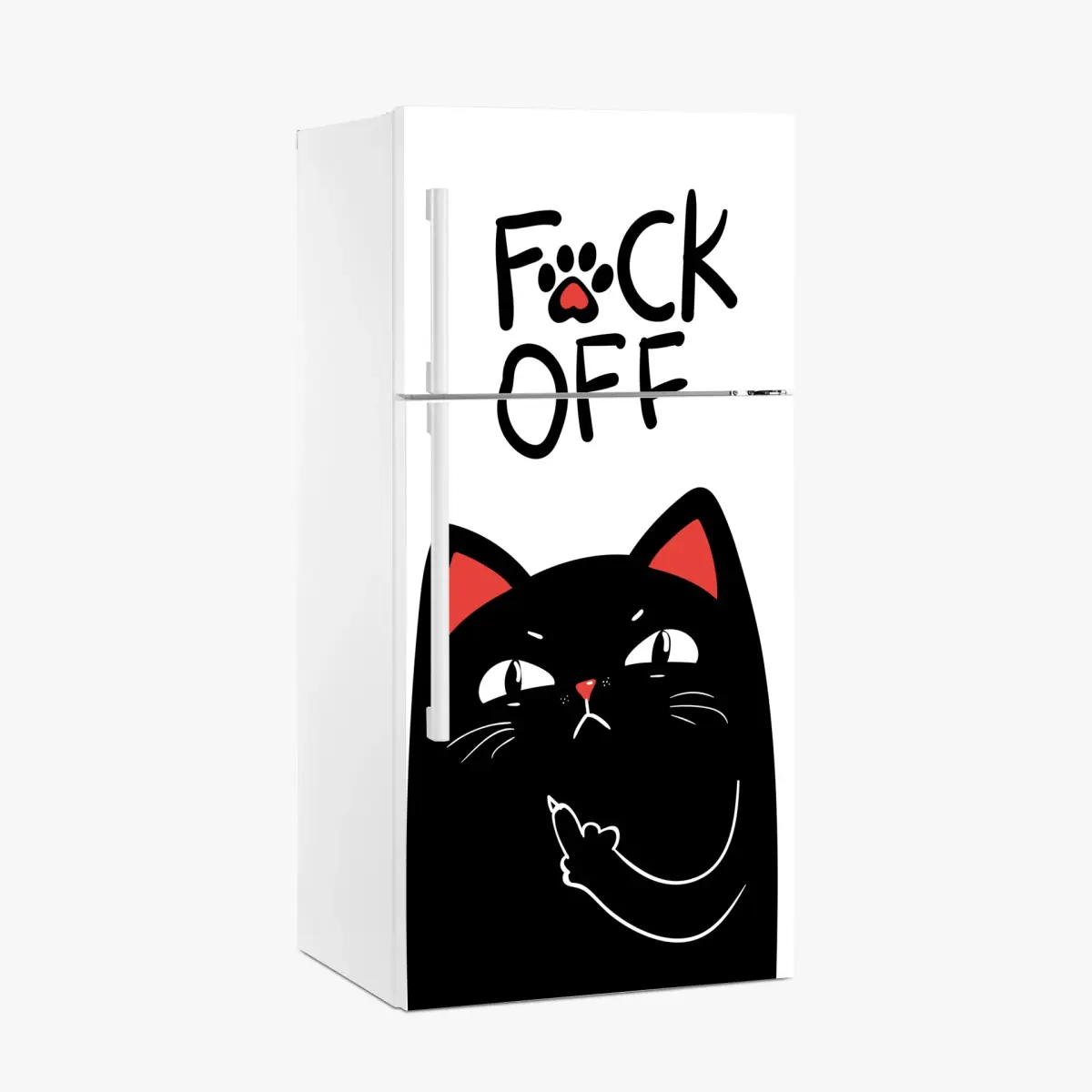 Adesivo per frigorifero gatto irriverente con dito medio su sfondo bianco • Wallissimo®