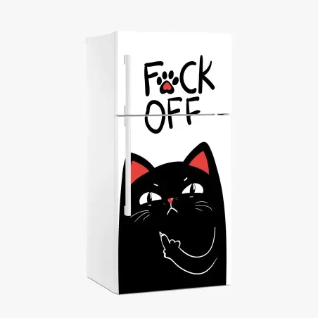Adesivo per frigorifero gatto irriverente con dito medio su sfondo bianco • Wallissimo®