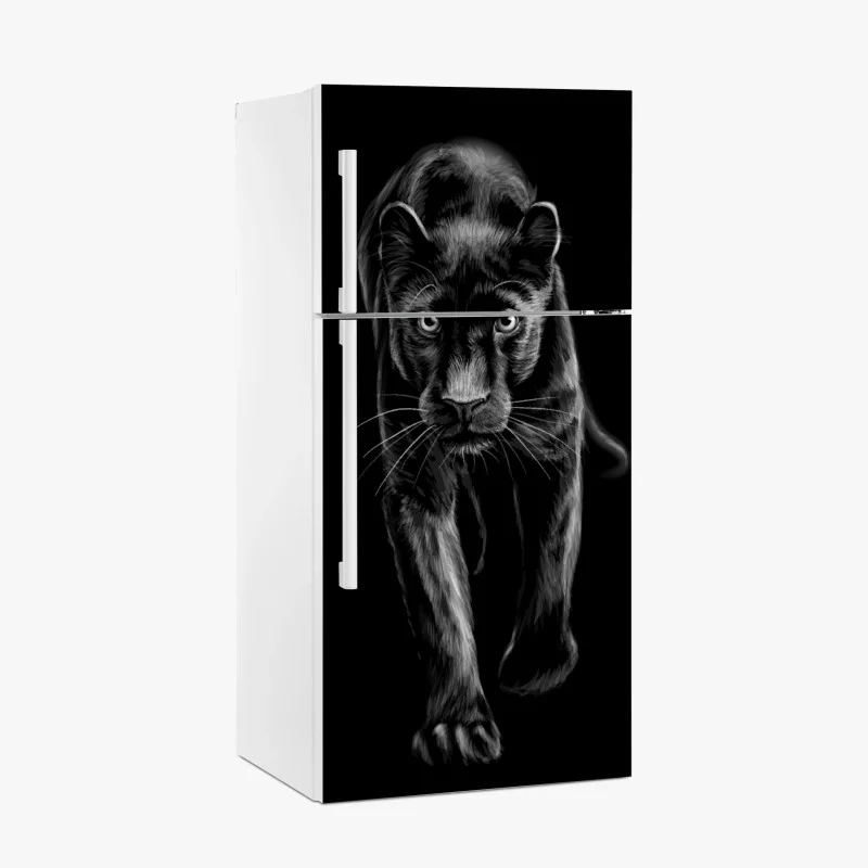 Adesivo per frigorifero pantera nera in cammino su sfondo scuro