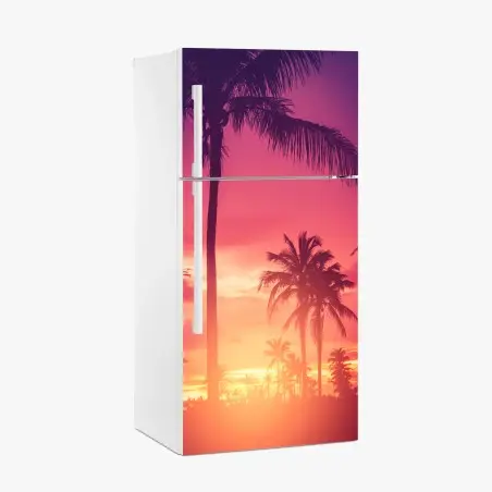 Adesivo per frigorifero tramonto tropicale in silhouette • Wallissimo®