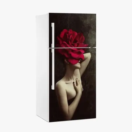 Adesivo per frigorifero donna con rosa gigante e sensualità moderna • Wallissimo®