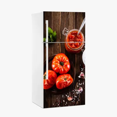 Adesivo per frigorifero pomodori rustici con salsa e basilico • Wallissimo®