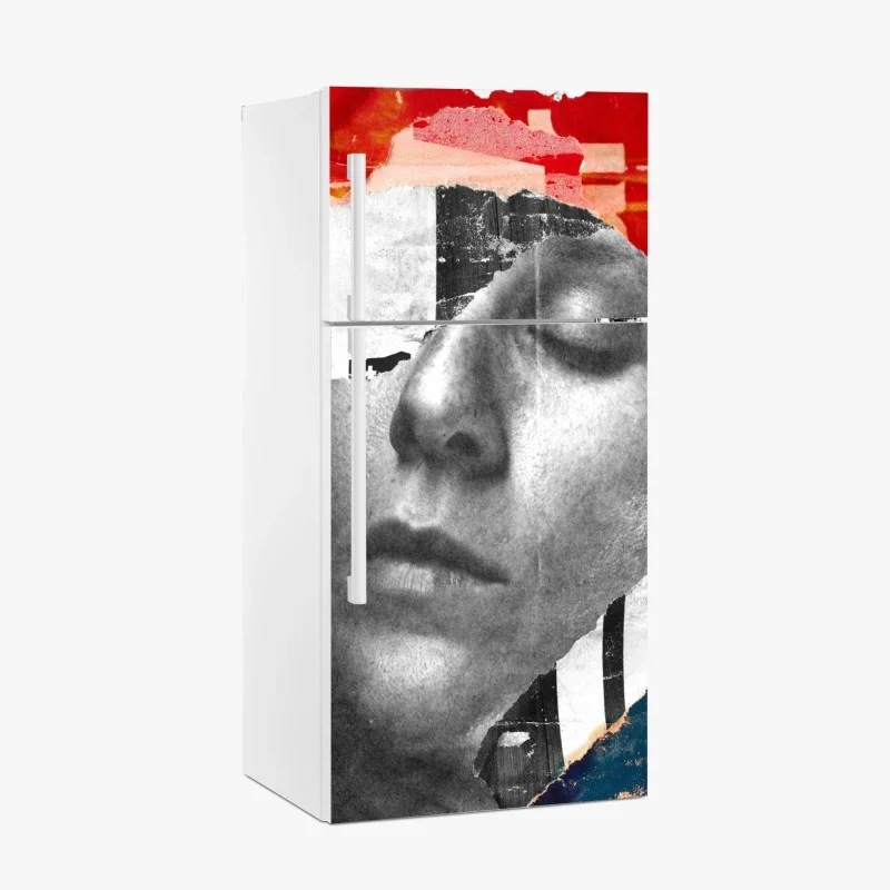 Adesivo per frigorifero volto sognante in collage astratto