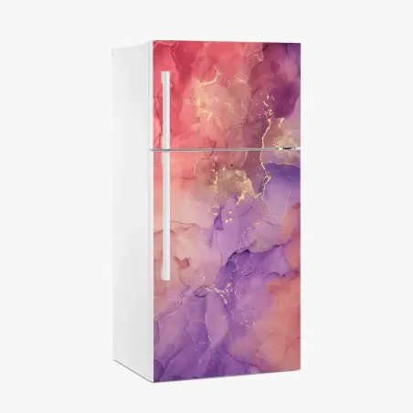 Adesivo per frigorifero marmo liquido rosa e viola con venature dorate • Wallissimo®