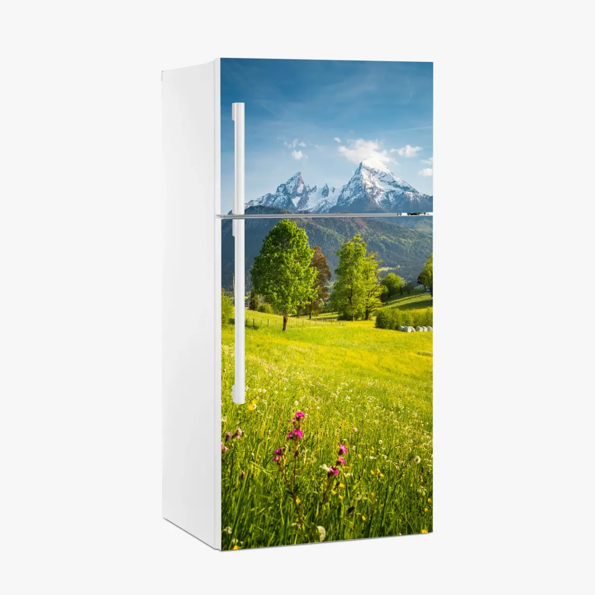 Adesivo per frigorifero panorama alpino primaverile con prati fioriti • Wallissimo®