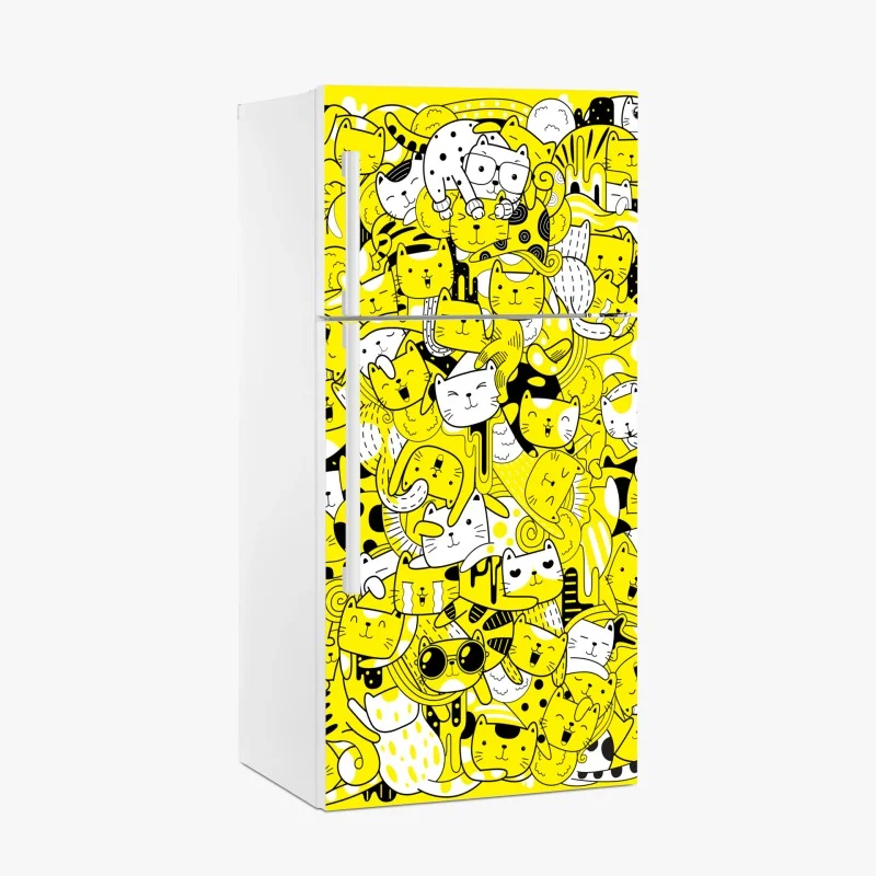 Adesivo per frigorifero mosaico di gatti giocosi in giallo e nero