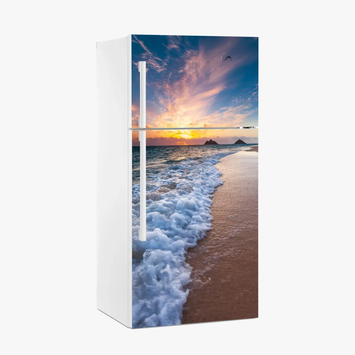 Adesivo per frigorifero tramonto sulle onde della spiaggia • Wallissimo®