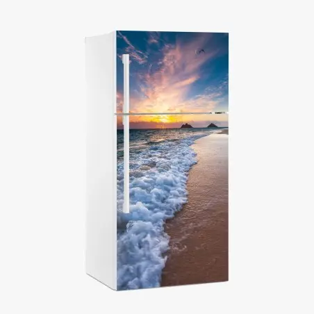 Adesivo per frigorifero tramonto sulle onde della spiaggia • Wallissimo®
