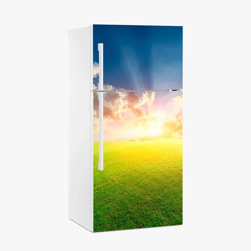 Adesivo per frigorifero tramonto dorato sul prato infinito