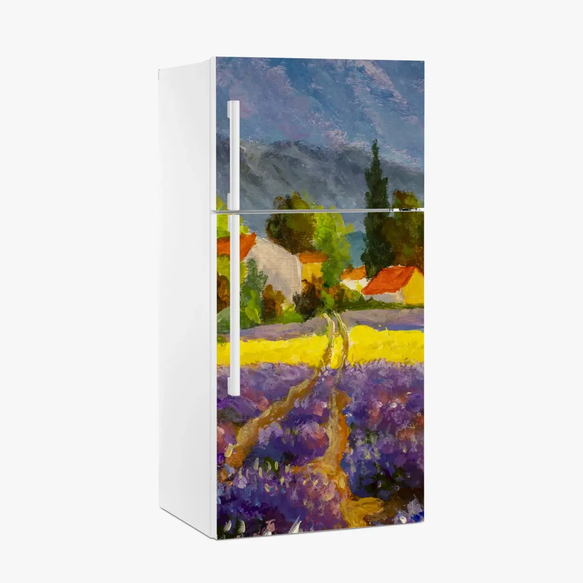 Adesivo per frigorifero tramonto sui campi di lavanda • Wallissimo®