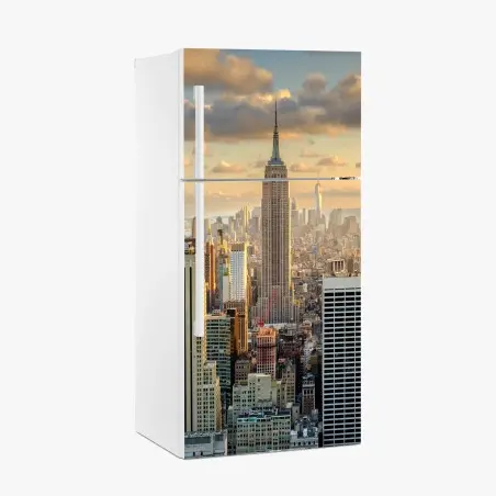Adesivo per frigorifero tramonto dorato su New York con Empire State Building • Wallissimo®