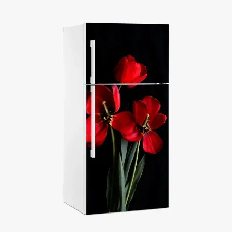 Adesivo per frigorifero tulipani rossi su sfondo nero • Wallissimo®