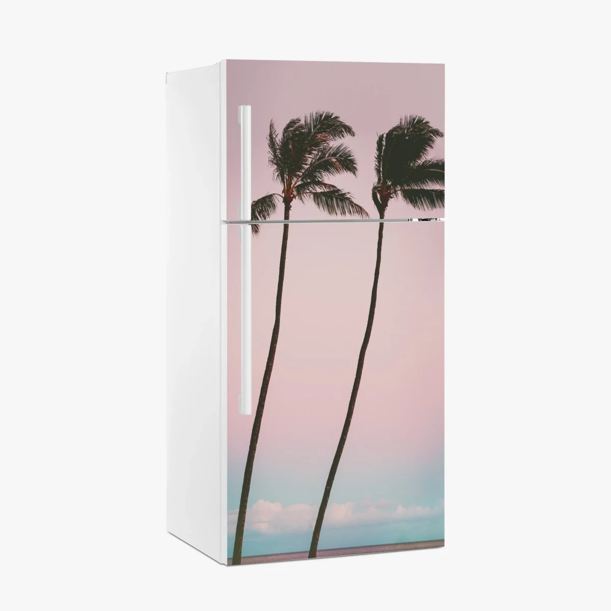 Adesivo per frigorifero paesaggio tropicale minimal con palme al tramonto • Wallissimo® Adesivo per frigorifero paesaggio tropicale minimal con palme al tramonto • Wallissimo®