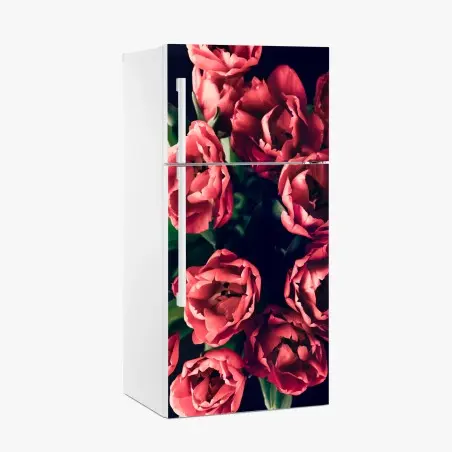 Adesivo per frigorifero mazzo di tulipani rosa su sfondo scuro • Wallissimo®