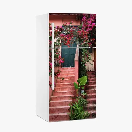 Adesivo per frigorifero portale fiorito su gradini rosa • Wallissimo®