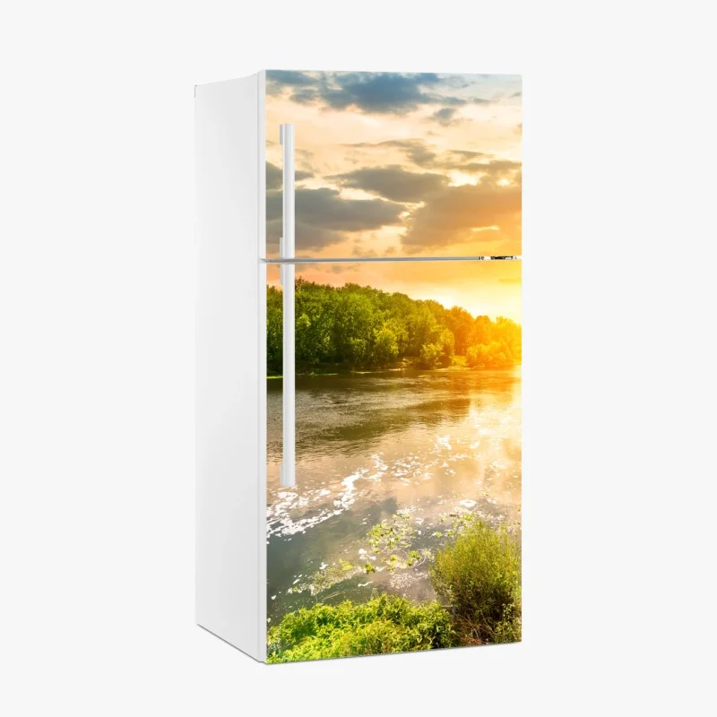 Adesivo per frigorifero tramonto dorato sul fiume