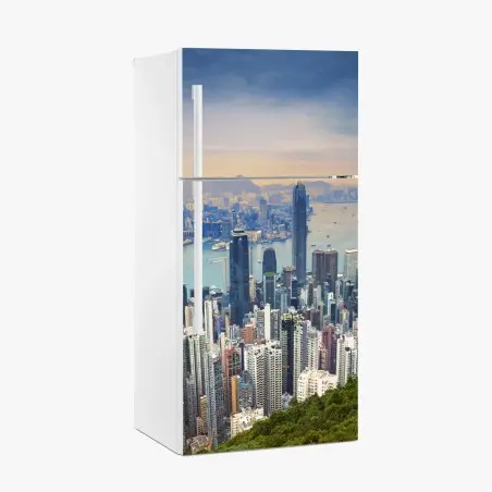 Adesivo per frigorifero vista panoramica di Hong Kong al tramonto • Wallissimo®