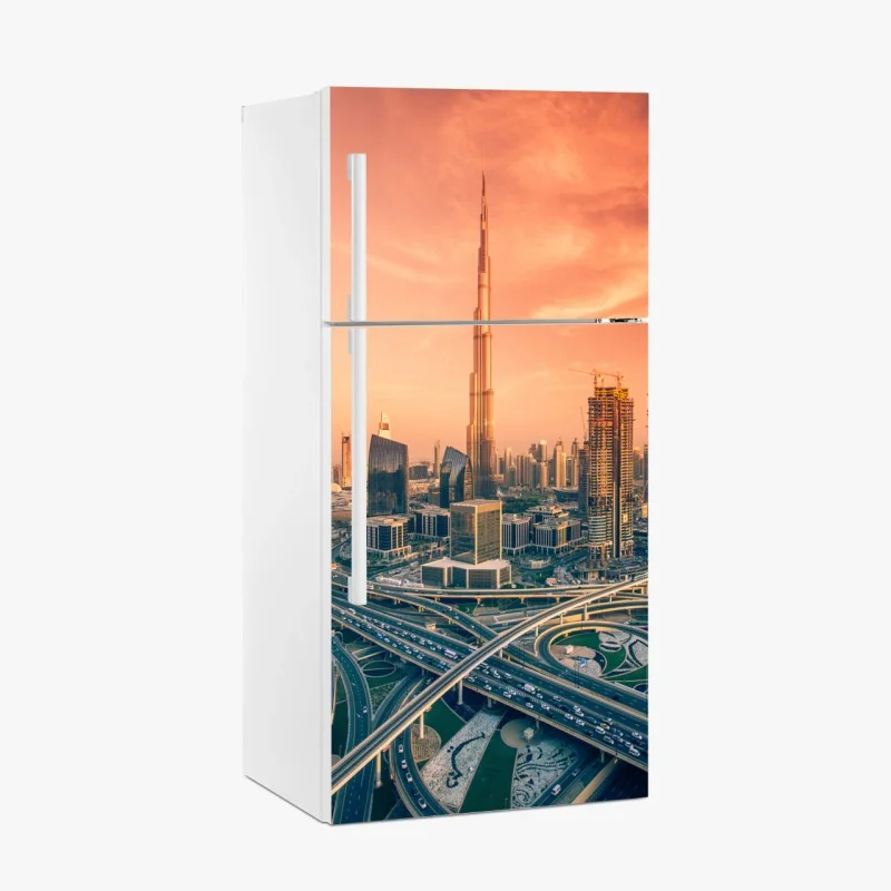 Adesivo per frigorifero panorama urbano di Dubai al tramonto